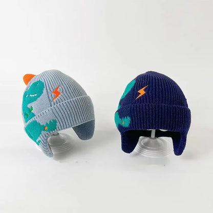 Winter Warm Baby Ear Protection Hat 3D Dinosaur Kids Earmuffs Cap Cartoon Toddler Woolen Knitted Hats 2-6 Years Children Beanies