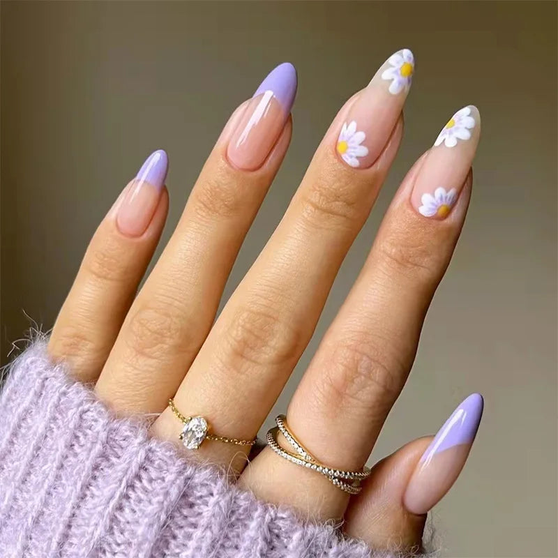 24Pcs Detachable Almond False Nails with Pearl Decoration Elegant Designs French Fake Nails Full Nail Art Tips Press on Nails