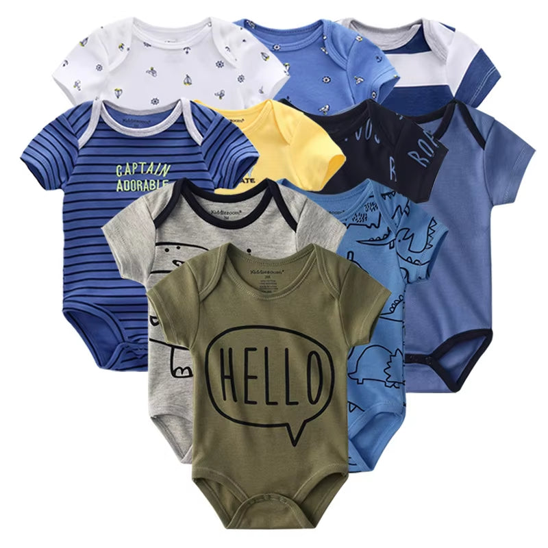 10PCS Newborn Baby Girl Clothes Cotton Short Sleeve Jumpsuit 0-12M Unisex Baby Boy Clothes Cartoon Print Solid Ropa Bebe