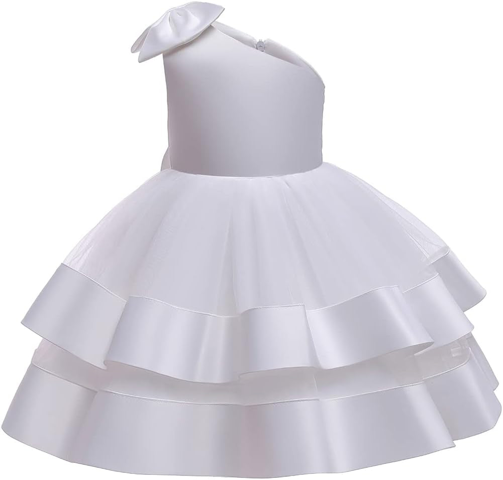 Baby Girl Tulle One Shoulder Dresses Toddler Bowknot Formal Party Wedding Flower Girl Dress Tutu Gown