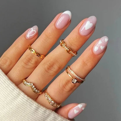 24Pcs Detachable Almond False Nails with Pearl Decoration Elegant Designs French Fake Nails Full Nail Art Tips Press on Nails