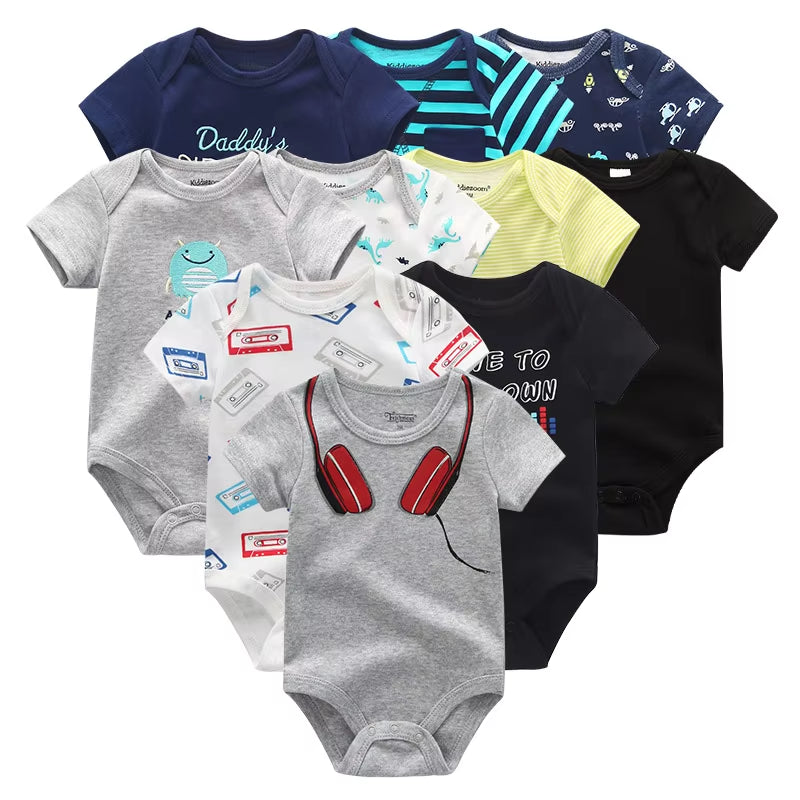 10PCS Newborn Baby Girl Clothes Cotton Short Sleeve Jumpsuit 0-12M Unisex Baby Boy Clothes Cartoon Print Solid Ropa Bebe