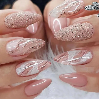 24Pcs Detachable Almond False Nails with Pearl Decoration Elegant Designs French Fake Nails Full Nail Art Tips Press on Nails