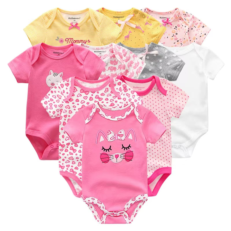 10PCS Newborn Baby Girl Clothes Cotton Short Sleeve Jumpsuit 0-12M Unisex Baby Boy Clothes Cartoon Print Solid Ropa Bebe