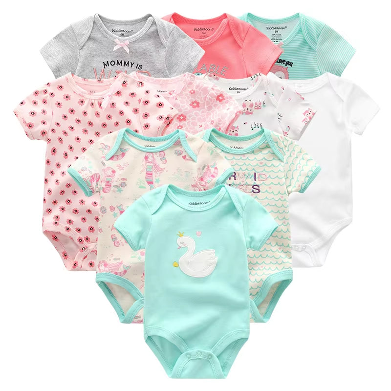 10PCS Newborn Baby Girl Clothes Cotton Short Sleeve Jumpsuit 0-12M Unisex Baby Boy Clothes Cartoon Print Solid Ropa Bebe