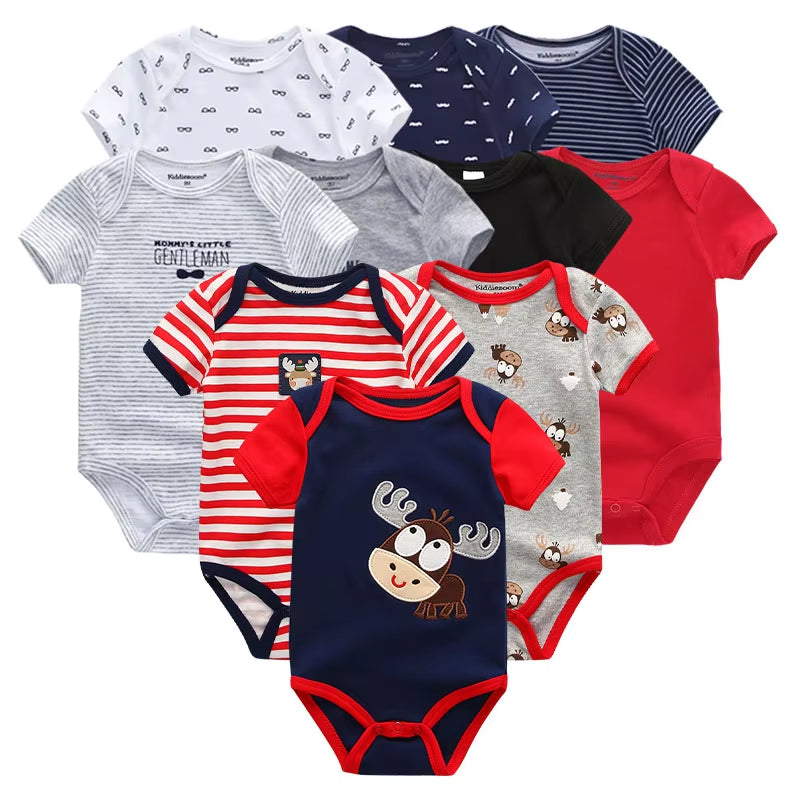 10PCS Newborn Baby Girl Clothes Cotton Short Sleeve Jumpsuit 0-12M Unisex Baby Boy Clothes Cartoon Print Solid Ropa Bebe