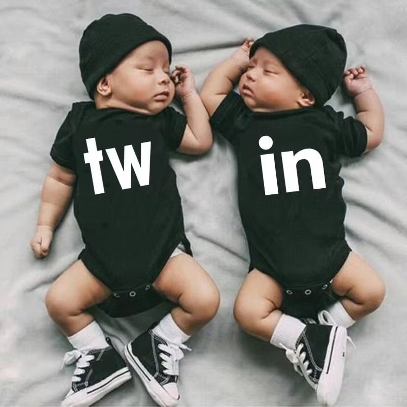 TW & in Letter Print Newborn Infant Baby Boys Girls Black Bodysuit Twins Romper Jumpsuit Outfits Hipster Baby Clothes 0-24M