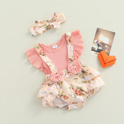 Newborn Baby Girl Summer Clothes Cotton Linen Romper Floral Bodysuit Tops with Headband