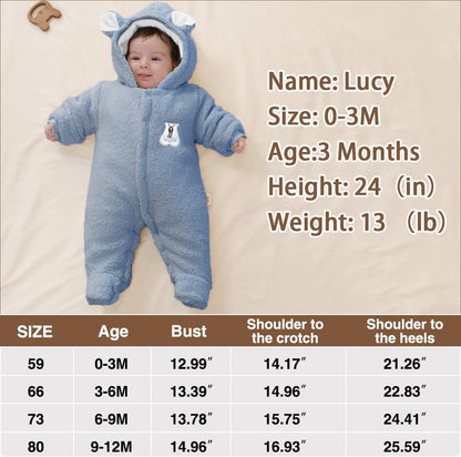 Baby Newborn Jumpsuit Footie Romper Hooded Warm Thicken Winter Bunting Outwear Snowsuit Pajamas for Girls Boys